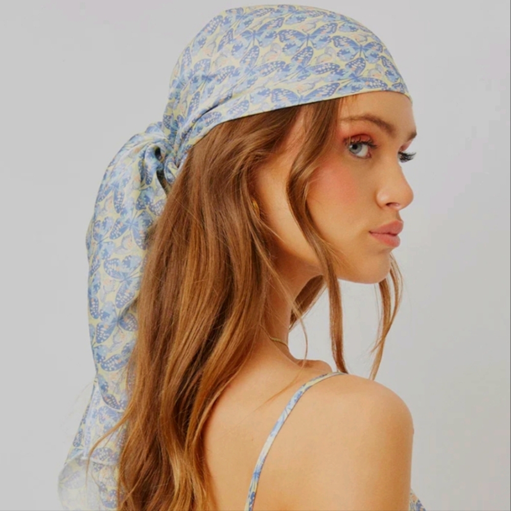 Frankie's Bikinis Butterflies Blue and Cream Headscarf Scarf Satin Monarch Heidi